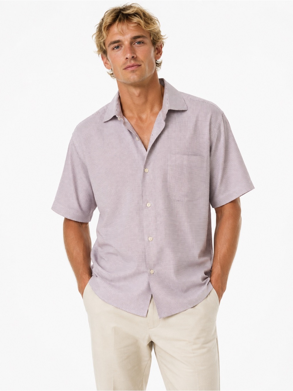 Peter Millar Size Large Lavender Microprint Short-Sleeve Dress Shirt